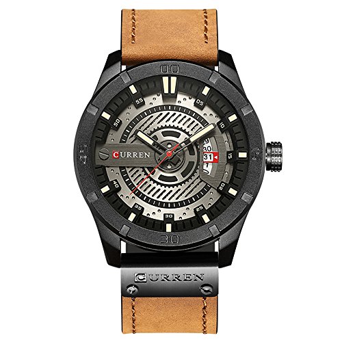 Curren Herren-Armbanduhr mit Quarz-Analog, Militär, Sport, schwarzes Lederband, 8301, Schwarz / Grau, Armband