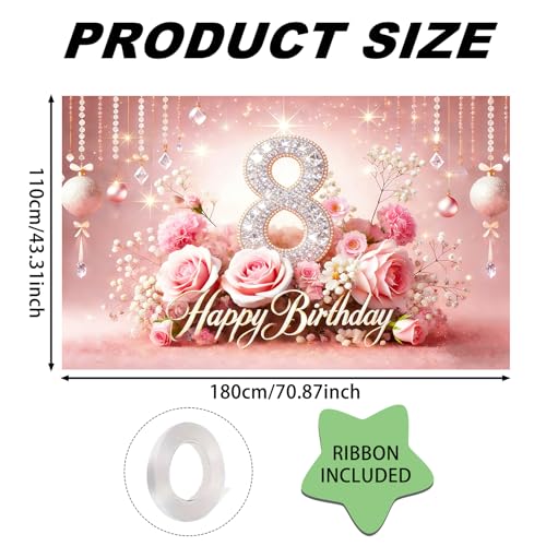 Image of Nuxovilar 8th Birthday Banner - Elegant Pink & Gold Floral Backdrop