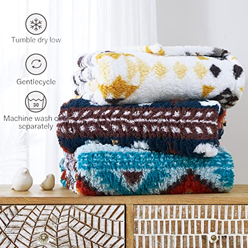 CASAAGUSTO Boho Sherpa Throw Blanket, Aztec Throw, Ultra Soft, Warm, Cozy, Plush, Thick Fleece Bohemian Throw Blanket for Couch, Bed, Sofa (Navy Blue 50 * 60 Inch)