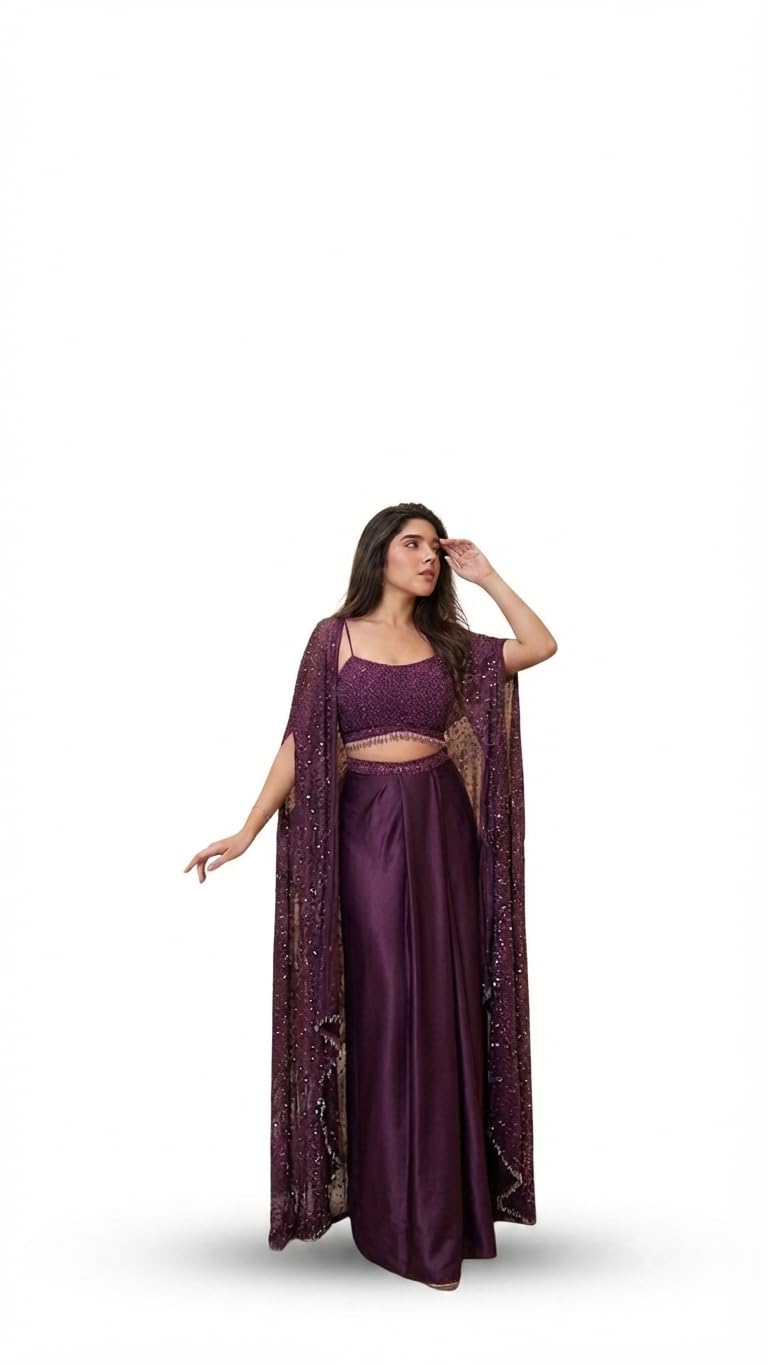 Designer Purple Ethnic Fusion Set: Embroidered Cape, Crop Top, and Draped Skirt-picture-15