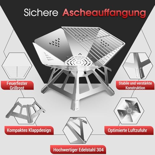Tragbare Feuerstelle Edelstahl füR Outdoor Den Garten Camping,Dreibein füR Feuerschale Faltbar Mit Grill Grillrost,Camping Feuerschale füR Mit Grillplatte Schaschlikgrill Picknick,Grill AktivitäTen