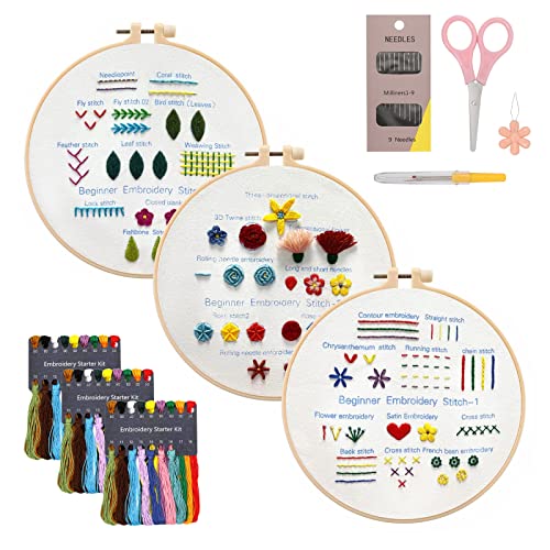 Just Meet You Embroidery Starter Kit With Pattern And Tool, 3 Sets Embroidery Kits For Adults & Kids To Learn 30 Stitches, Hand Cross Stitch Kits For Beginners, Basic Patterns Practice #TOP23