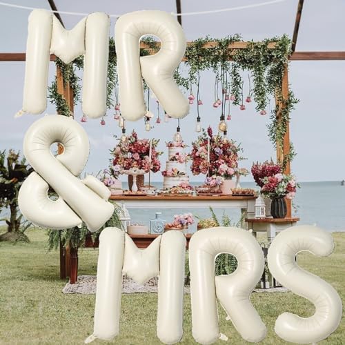 Image of 40 Inch Beige MR & MRS Balloons for Wedding Decor, Large Cream Mr and Mrs Foil Balloon Letter, Ivory White Sand Mr to Mrs Banner Sign for Bride Groom Engagement Couple Sweetheart Party Decorations