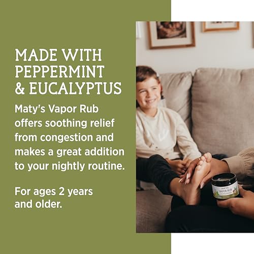 Image of Matys Vapor Rub for Adults & Kids 2 Years Old +, Non-GMO Herbal Chest Rub to Clear Stuffy Noses, Relieve Cough & Congestion, Petroleum Free, Gluten Free with Eucalyptus & Peppermint, NEW 4.5 oz tub