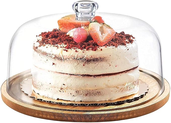 Image of MMTSWorld Wooden Cake Stand with Acrylic Dome, Round Cake Dessert Serving Tray Platter, Round Cake Cutting Holder, Cake Plate with Lid Serving Platter Tray Dessert Stand Cupcake Holder