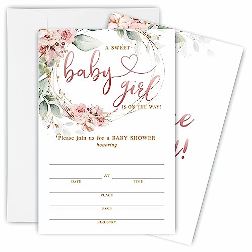 Watercolor Floral Baby Shower Invitations, Sweet Girl is On The Way Baby Shower Fill-In Invitation Cards With Envelopes - Gender Reveal Party Decorations & Supplies-B03