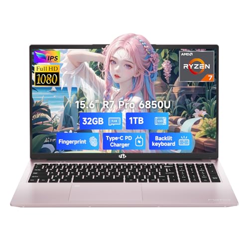 NIMO 15.6' Light-Gaming-Laptop, 8 Cores AMD Ryzen 7 Pro 6850U 32GB LPDDR5 RAM 1TB SSD (Beat i7-1360P Up to 4.7GHz) AMD Radeon 680M GPU IPS FHD Computer with 100W Type-C Backlit Keyboard Fingerprint