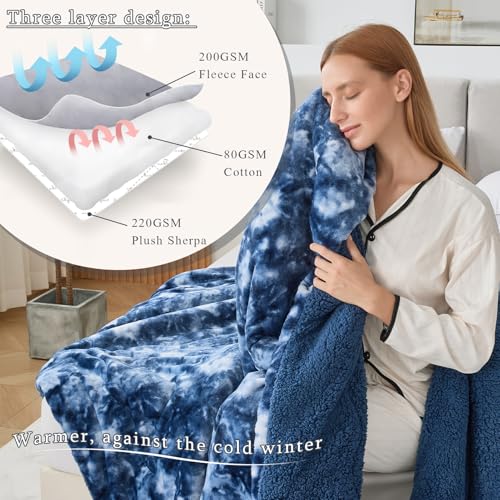 CHOSHOME Sherpa Fleece Blanket- Thick Warm Blanket for Winter, Soft Fuzzy Plush Blanket for Bed, Couch, Travel (Tie Dye Blue, Oversized King 96" x 120")