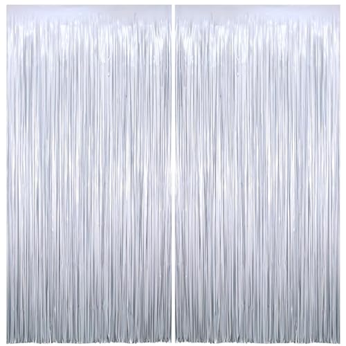 Image of Matte White Tinsel Foil Curtains Backdrop Party Decorations 2 PCS