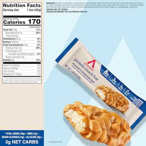 Image of Atkins Peanutty Overload Snack Bar, Protein Snack, High in Fiber, 2g Sugar, 5 Count