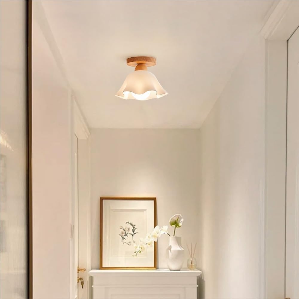 Nordic Wood Semi Flush Mount Ceiling Lamp White Acrylic Pendant Shade Modern 8.66in E26 Close to Ceiling Light Fixture for Bedroom Hallway Entryway Stairs Closet Kitchen Corridor