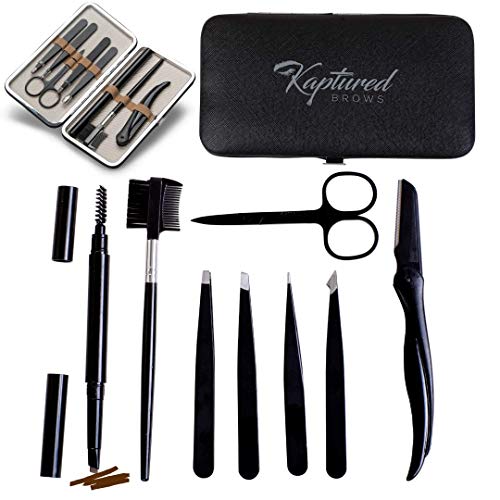 KAPTURED Eyebrow Kit, Professional 8 pc Eyebrow Grooming Kit for Women With Travel Case, Eyebrow Razor, Tweezers, Scissors, Eyebrow Comb and Brush, Brown Eyebrow Pen