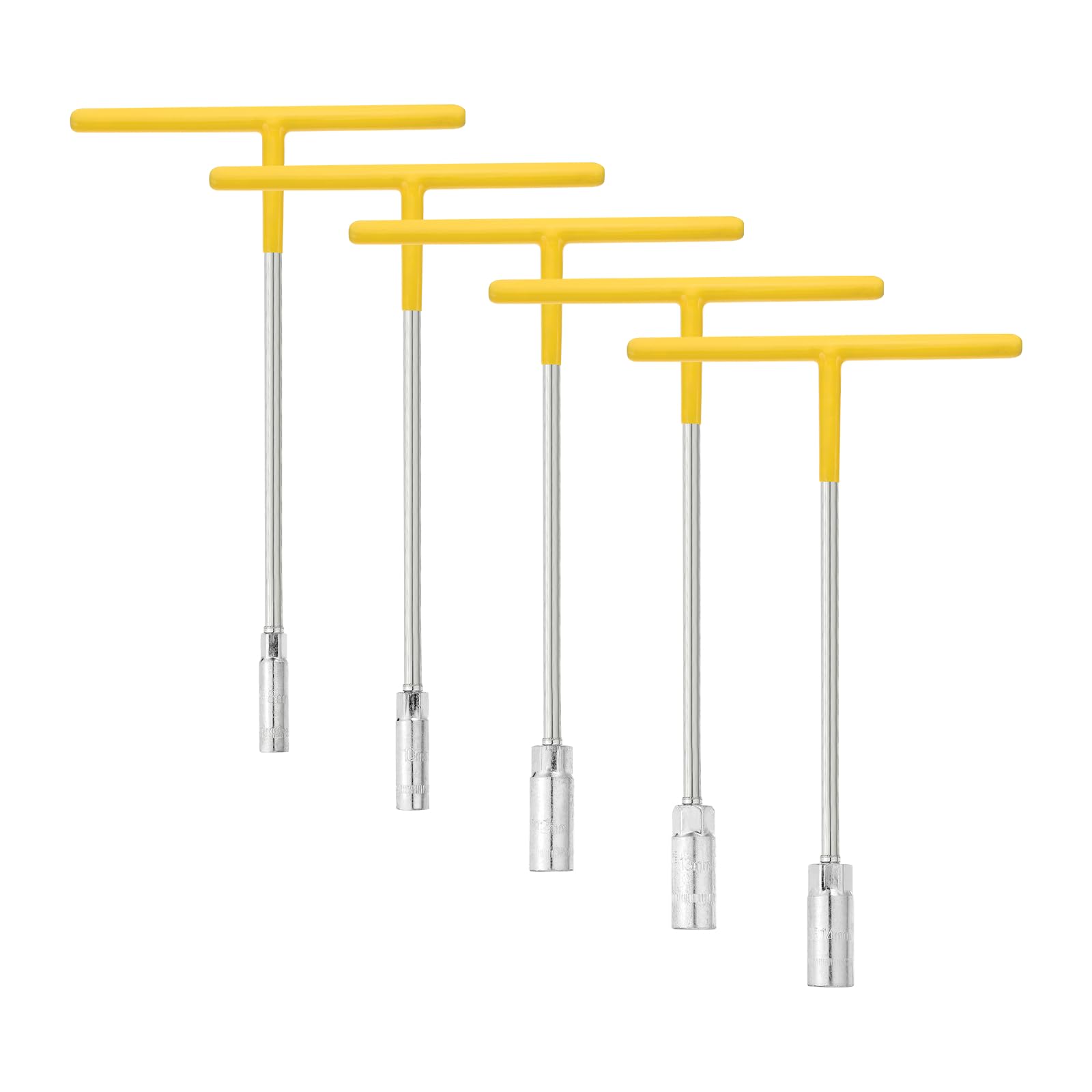 sourcing map 5pcs T-Handle Wrench Socket Set 8/10/12/13/14mm 6-Point Metric Socket with Long Reach Chrome Vanadium Steel for Motorcycle Bicycle Car Repair, Silver-Yellow