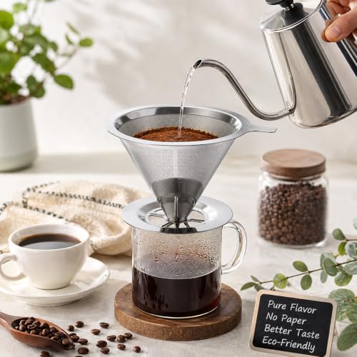 Image of Stainless Steel Pour Over Coffee Filter | Reusable Paperless Fine Mesh Coffee Dripper with Wide Rim & Handle | 4 Inch Stable Base | Manual Coffee Maker for Home, Office & Travel