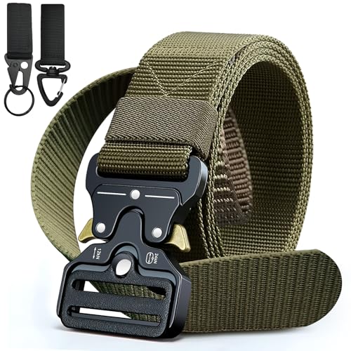 Mens Tactical Belt-Military Style Quick Release Heavy Duty Nylon Belt with Metal Buckle, Adjustable Utility Belt Waist Webbing for Outdoor, Camping, Hiking, Work - Durable & Gift Ready with Hook