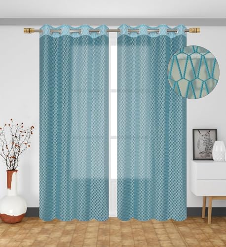 Image of HOME UTSAV Premium Sheer Net Curtain for Window 5 Feet | Transparent Net Fabric with Geometric Design | Pack of 1, Aqua