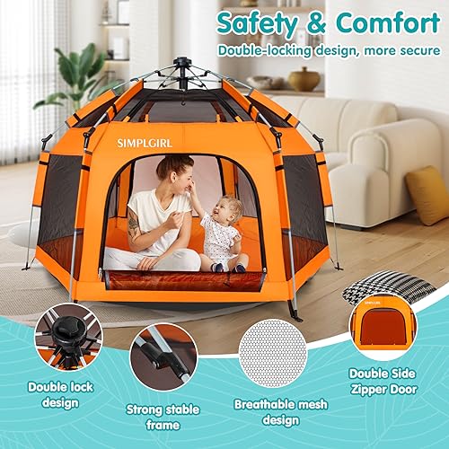 Image of Premium Indoor and Outdoor Baby Playpen - Portable, Lightweight, Pop Up Pack and P Lay Toddler P Lay Yard w /Canopy and Travel Bag - Orange