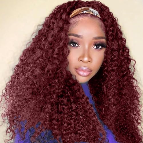 Image of XSY Headband Wig Human Hair Kinky Curly 99J Burgundy Headband Wigs for Black Women Deep Curly Human Hair Wigs None Lace Front Wig 150% Density 28 Inch