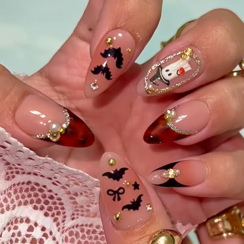 24Pcs Halloween Press on Nails Medium Almond Ghost Fake Nails Gho...
