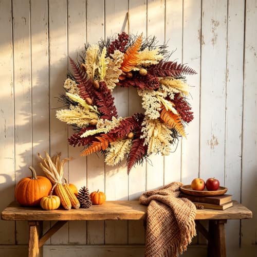 20in Fall Wreath, Artificial Fern Grain Nut Harvest Wreath for Front Door - image 1