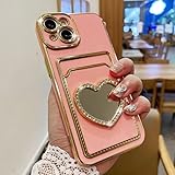 MZELQ Plating Wallet for iPhone 13 Case, Plating Love Heart Mirror Card Holder Camera Protection Lux