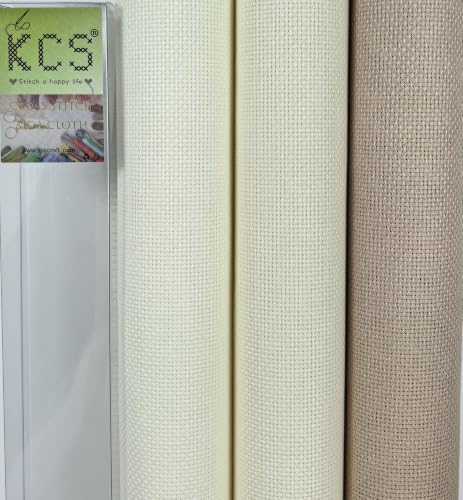 Image of KCS 3 pc of 15 inch x 18 inch(38cmx45cm) 16 Count Cross Stitch Cotton Aida Cloth Needlework Rolled Fabric Box,16CT,Antique White +Cream+Khaki