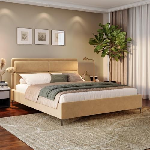 Image of Wakefit Bed | King (78 X 72) Solid Wood Bed, Upholstered, Without Storage, 3 Year Warranty - Zewail - Napoli Beige