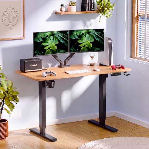 Image of V ONE Electric Standing Desk with 1-Piece Solid Top | Heavy Duty Height Adjustable Computer Desk | 3 Memory Preset | 5 Year Warranty | for Home Office (Baverian Beach, 140 * 60 CM)