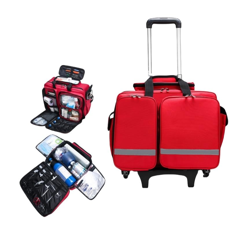 Portátil de gran capacidad con carro, kit de primeros auxilios de emergencia, ignífugo, antiestático, impermeable, con ruedas, trauma de incendio, bolsa médica multifuncional (rojo)