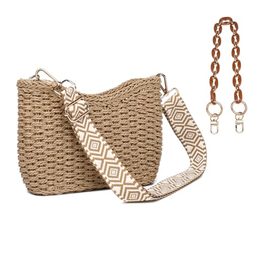 Women's Handmade Woven Shoulder Bags Straw Crossbody Purse Stylish Beach Hobo Handbags with Zipper Closure