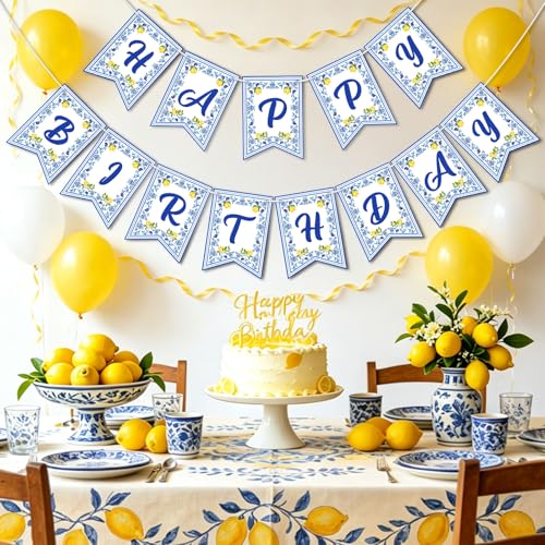 Image of Hooqict Happy Birthday Banner Lemon Birthday Decorations Garland Sign for Summer Fruit Blue Yellow Lemon Themed Party Hanging Decorations Supplies