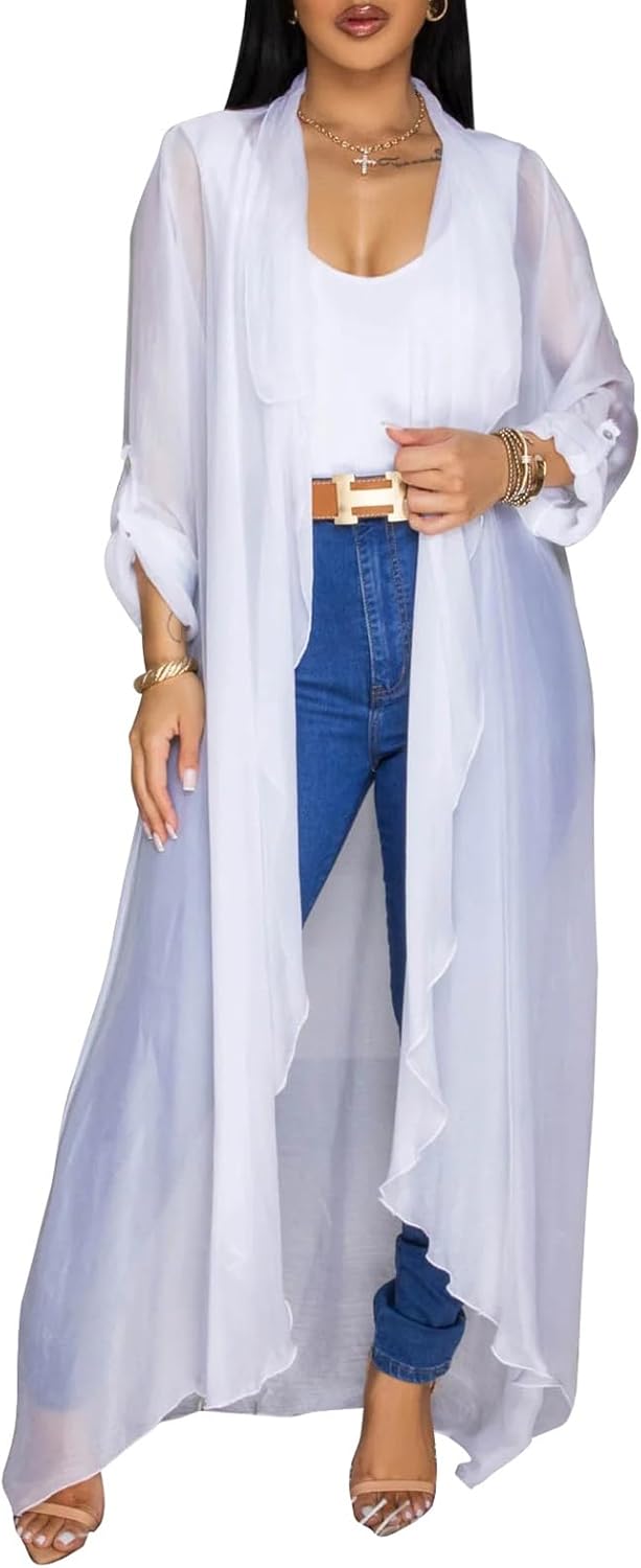 Women Sheer Maxi Kimono Cardigan Beach Swimsuit Cover up Dress Chiffon Long Kimonos