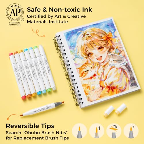 Image of Ohuhu Alcohol Markers 72 Colors Brush& Soft Chisel for Adult Cozy Coloring | Dual Tips Drawing Markers for Artists Beginners Illustration Sketching, AP Certified Refillable Alcohol-based, Honolulu 2S