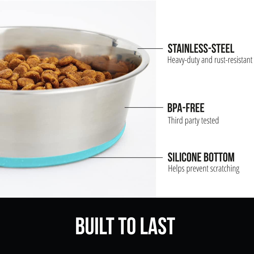GORILLA GRIP Stainless Steel Metal Dog Bowl, Rubber Base, Heavy Duty Feeding Dish, Food Grade BPA Free, Less Sliding, Quiet Pet Bowl for Cats and Dogs, Holds 2 Cups (16 fl oz), Turquoise