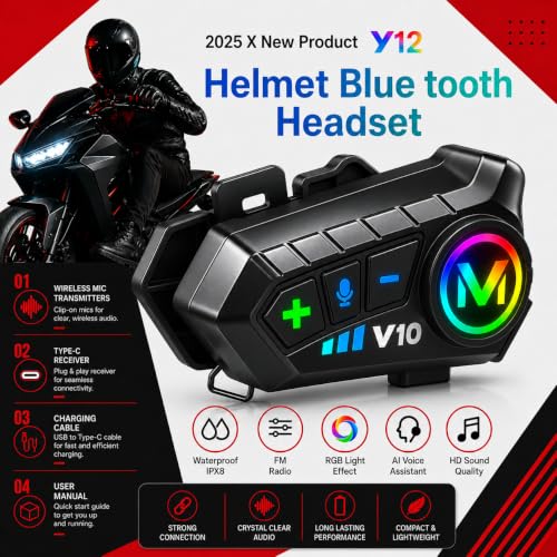 Image of Primate V10 Bluetooth Motorcycle Helmet Headset with HD Calling, HiFi Stereo Music, GPS Voice Navigation, IP67 Waterproof, Long Battery Life, Noise Reduction, Open Face Helmets, Smartphones Compatible