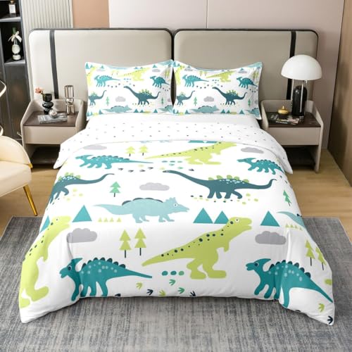 richhome Juego de ropa de cama doble con diseño de dinosaurio de dibujos animados, 100 % algodón, para niños, adolescentes, estampado digital 3D, funda de edredón con 2 fundas de almohada