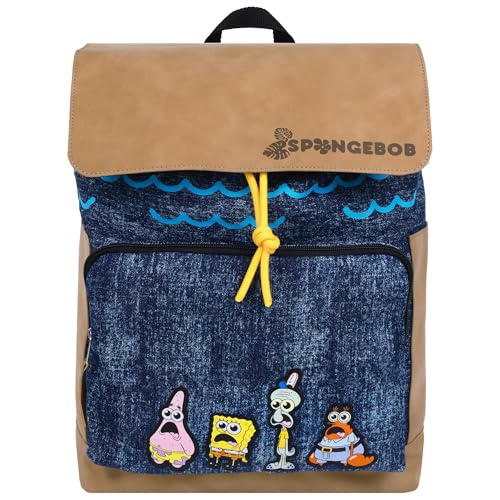 Concept One SpongeBob SquarePants Denim Backpack, Cartoon Bag with Flap, Adjustable Shoulder Straps, Embroidered Character Patches, Blue and Yellow2