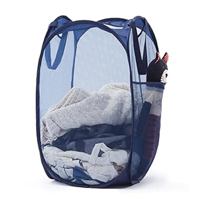 Collapsible Pop Up Laundry Basket, Hamper with Sturdy Handles and Side Pocket - Mesh Portable Foldable Dirty Clothes Hamper for Dorm, Laundry room, Bathroom and Travel Storage, Navy Blue