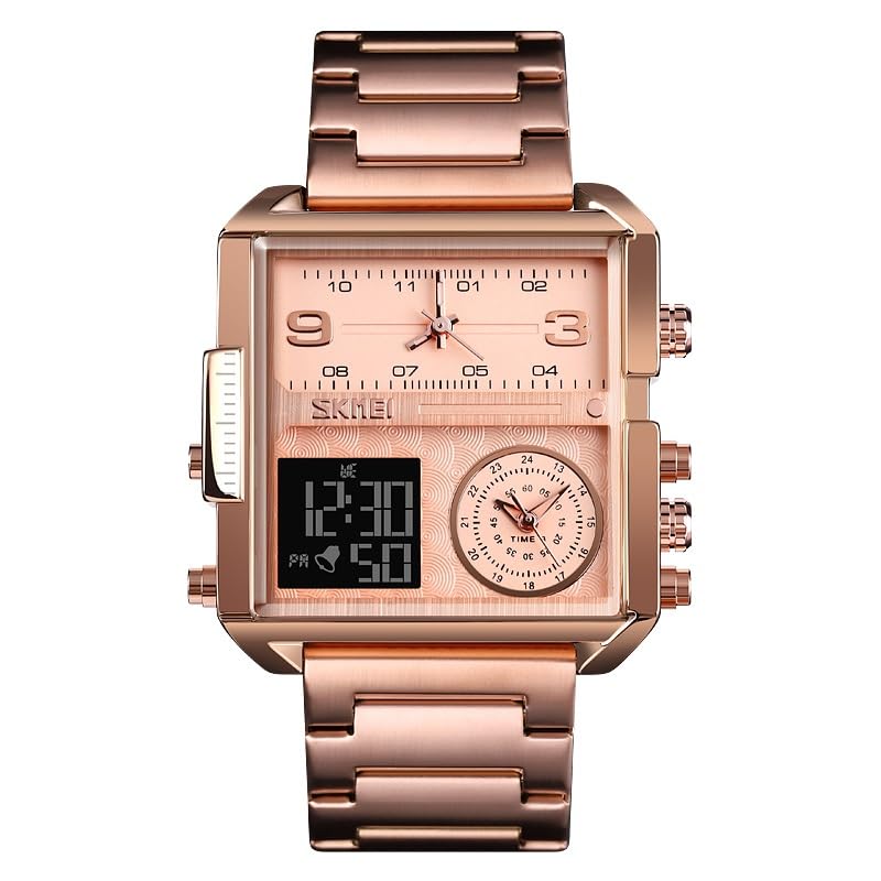SKMEISquare Multifunctional Design Analog Watch, Rose Gold Dial Zinc Alloy Case Men's Watch, Stainless Steel Rose Gold Color Bracelet Style Band, Water-Resistant & Scratch-Resistant-1584