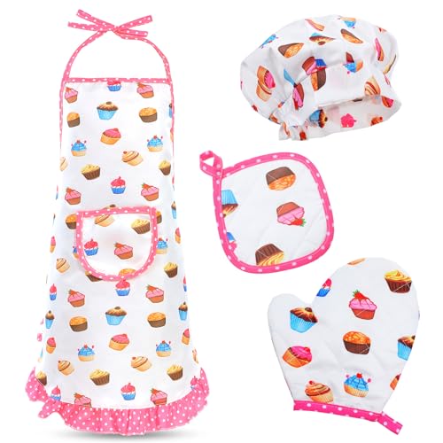 Quilax Juego de delantal para niños con gorro de cocinero y delantal, delantal rosa para niños, delantal de cocina con guantes de cocina, paño de cocina, hornear, pintar, manualidades y fiestas, 6