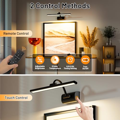 Image of AIFEI 5200mAh Picture Lights for Wall: Up to 48H Artwork Lighting | 6H Fast Charging for Living Room Hallway - Remote Timer Memory - Wireless Installation - 16 Inch - Black