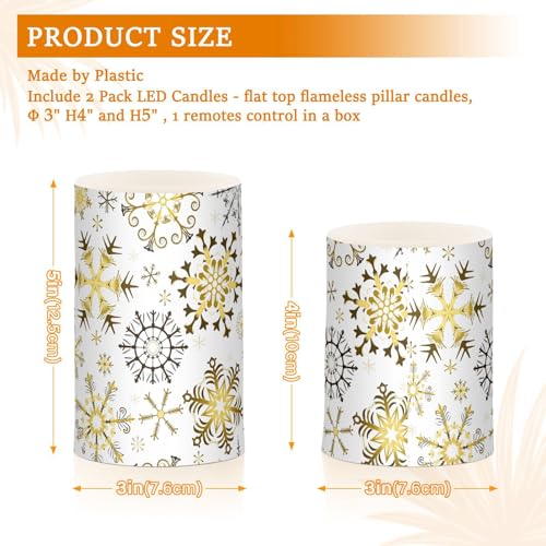Image of Christmas Lights Decorations Flameless Candles Golden Snowflake White Pillar Candles Set of 2 Battery Operated Remote Control Warm Lights