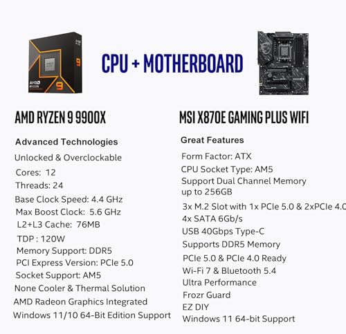 Image of Micro Center AMD 9900X Processor with MSI X870E Gaming Plus WiFi Motherboar | CPU Motherboard Combo, AI Ready, Ryzen 9, AM5, DDR5, PCIe 5.0, M.2 Gen5, USB 40Gbps Type C, Wi-Fi 7, ATX