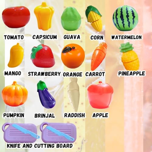 Image of PLUSPOINT Fruit Cut Toy with Storage Basket Realistic Sliceable Cutting Fruits and Vegetable Pretend Play Kitchen Toys for Kids 7-Fruits / 7-Vegetables / 2 Board / 2 Knife (Multicolour), 18pc