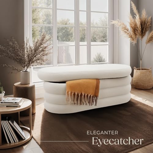 tectake® Sitzbank mit Stauraum, Sitzhocker, Hocker mit Stauraum, Stoff, Pouf, Polsterhocker, Sitztruhe, Truhe mit Deckel, Truhenbank mit Stauraum, Möbel für Wohnzimmer, 110x45x42cm - Bouclé créme-weiß