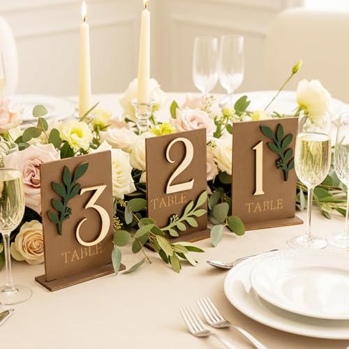 Image of Wedding Table Numbers 1-15 with Holders, Elegant Wood Table Numbers with Eucalyptus Leaves for Wedding Reception, Centerpiece Decoration, Event, Party