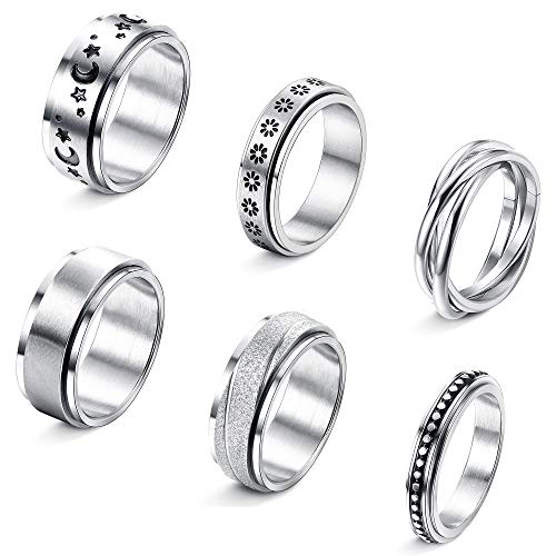 Loyallook 6Pcs Stainless Steel Spinner Rings For Women Mens Triple Interlocked Rolling Flower Moon Star Stress Relieving Meditation Rings Sand Blast Finish Wedding Promise Fidget Band Rings #TOP27