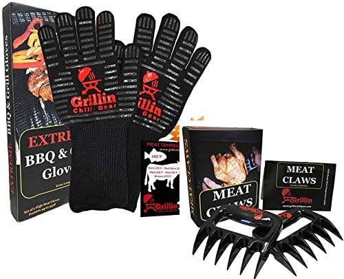 Grillin Chill Gear Meat Claws - Best Bear Claw Pulled Pork Meat Shredders in BBQ Grill Accessories +Extreme Heat Resistant Grill Gloves, Heavy Duty Aramid Fiber & Non Slip Silicone, Soft Cotton Liner
