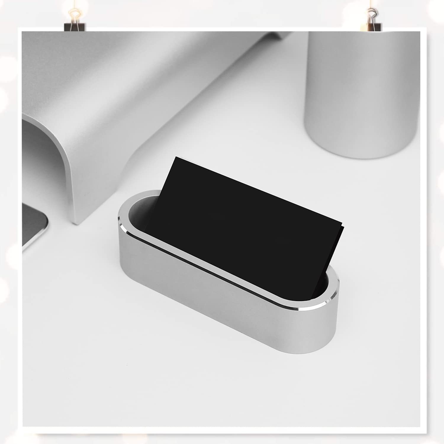 Porta Biglietti da Visita in Metallo-alluminio, Display da tavolo, espositore ufficio, organizer carte, accessori ufficio, porta carte, 11x3x3cm, Argento