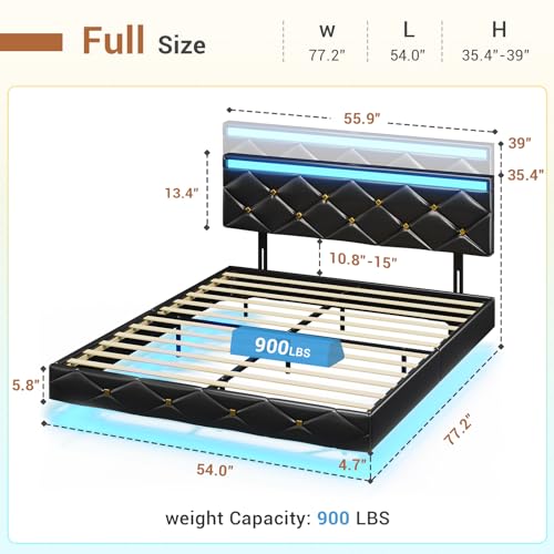 Image of Hasuit Floating Bed Frame Full Size with LED Lights and Charging Station, Modern Full Platform Bed with Vegan Leather Upholstered Headboard, No Box Spring Needed, Noise Free, Easy to Assemble